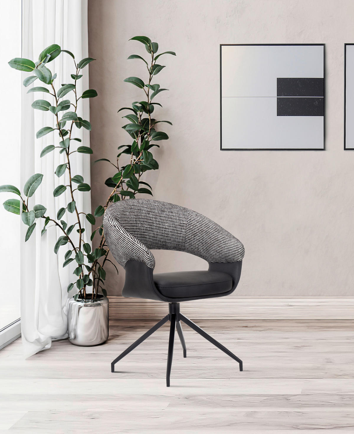 ARMLEHNSTUHL , Sitzfläche 360° drehbar, automatische Rückholfunktion , Mikrofaser, Webstoff  - Schwarz/Weiß, Design, Textil/Metall (60/83/62cm) - Novel