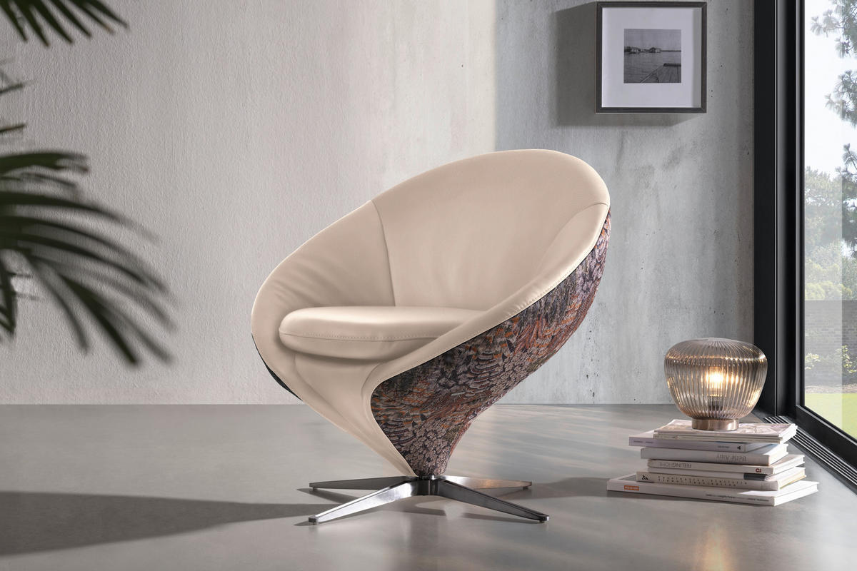 SESSEL in Jacquard Kombination Echtleder/Stoff Creme  - Creme/Nickelfarben, Design, Leder/Textil (84/81/79cm) - Koinor