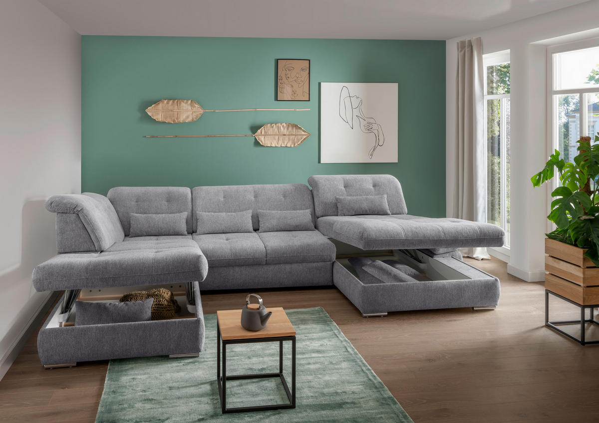 WOHNLANDSCHAFT in Chenille Dunkelgrau  - Chromfarben/Dunkelgrau, Modern, Textil/Metall (254/376/195cm) - Livetastic