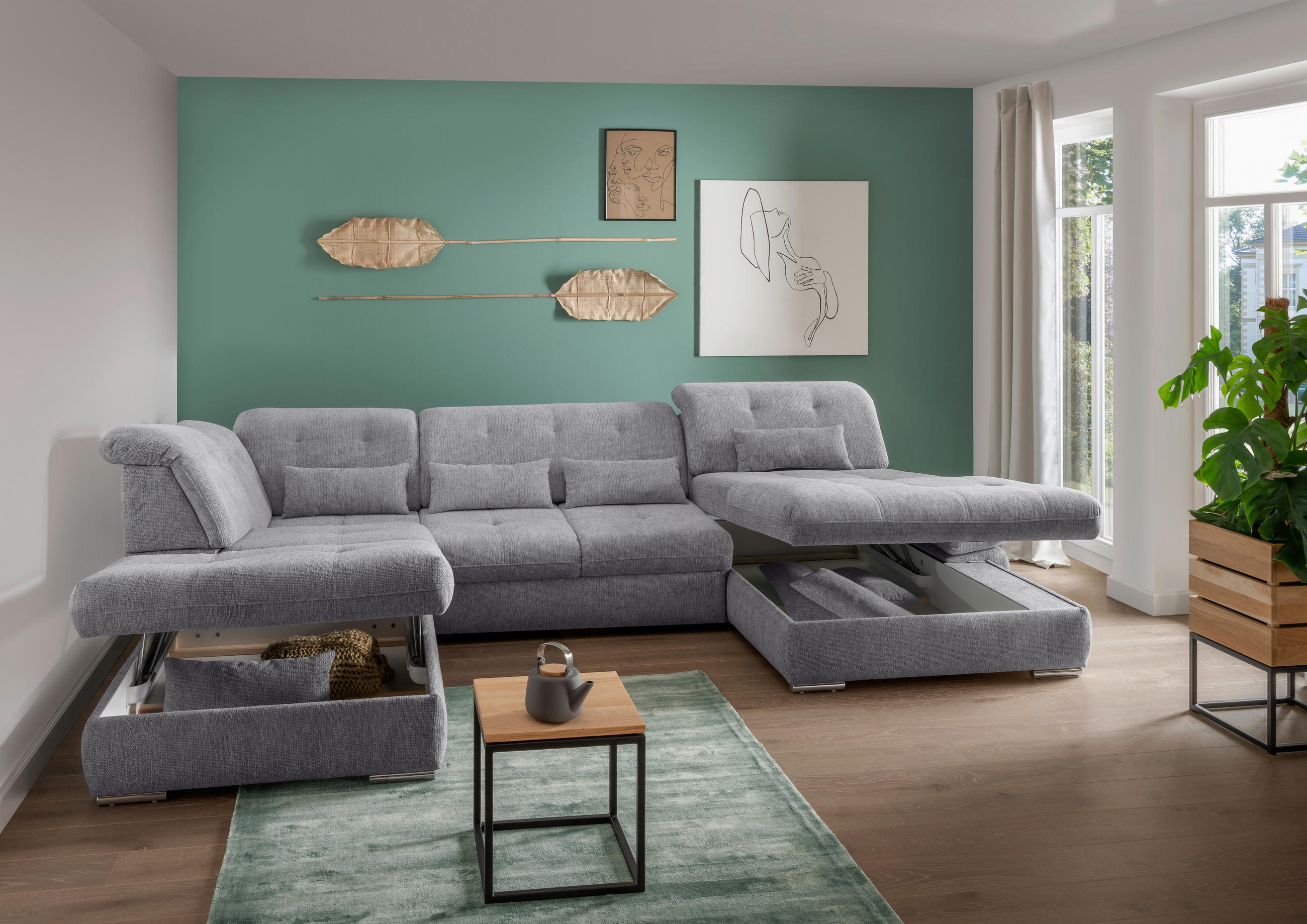 Thumbnail - Livetastic Wohnlandschaft Dalida, Dunkelgrau, Textil, Uni, 7-Sitzer, Füllung: Schaumstoff, Ottomane links, U-Form, 376x2...