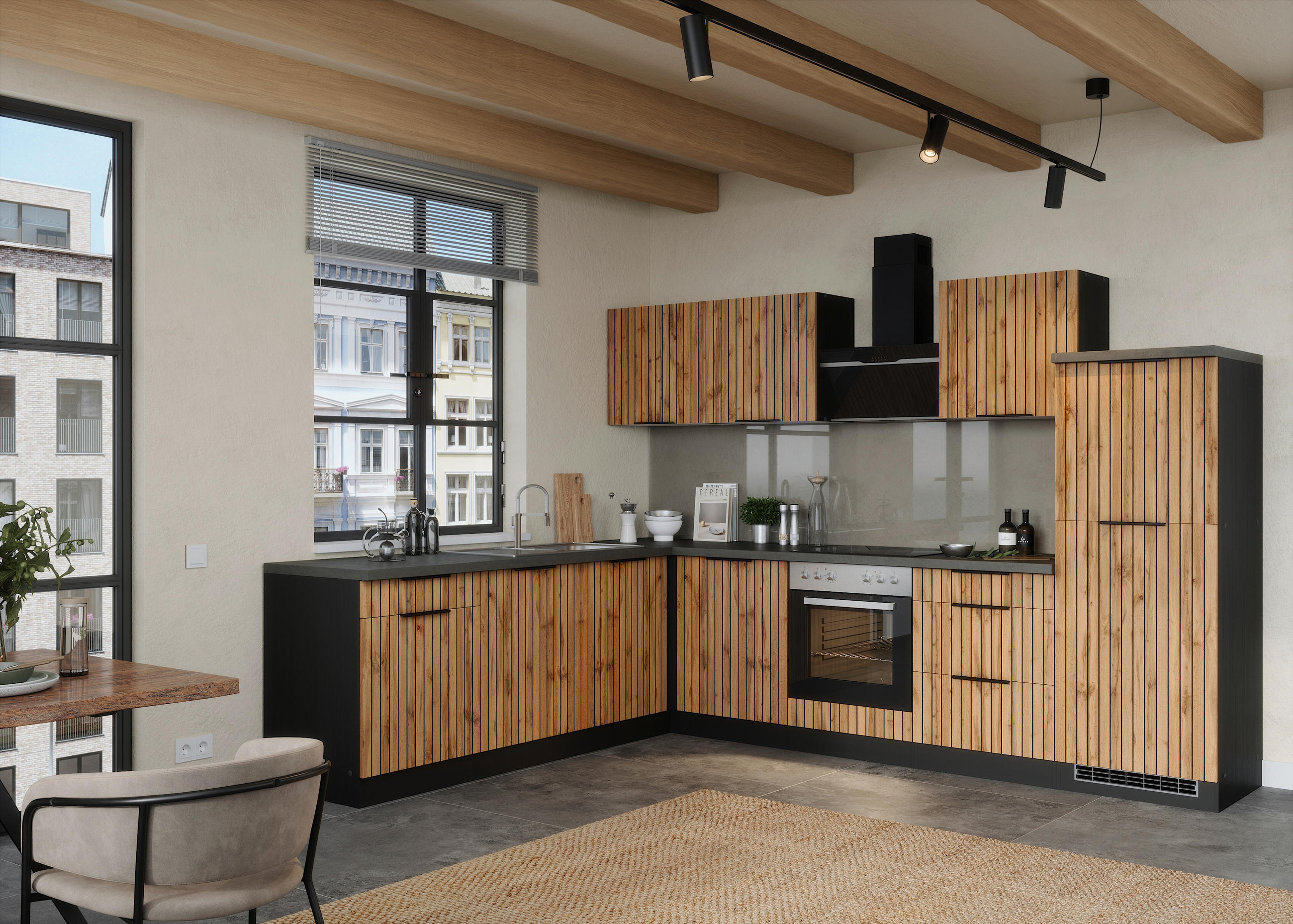 HÖRNKÖK 300/240 cm  i grafitfärgad, ek Wotan  - ek Wotan/grafitfärgad, Basics, metall/trämaterial (300/240cm) - Held