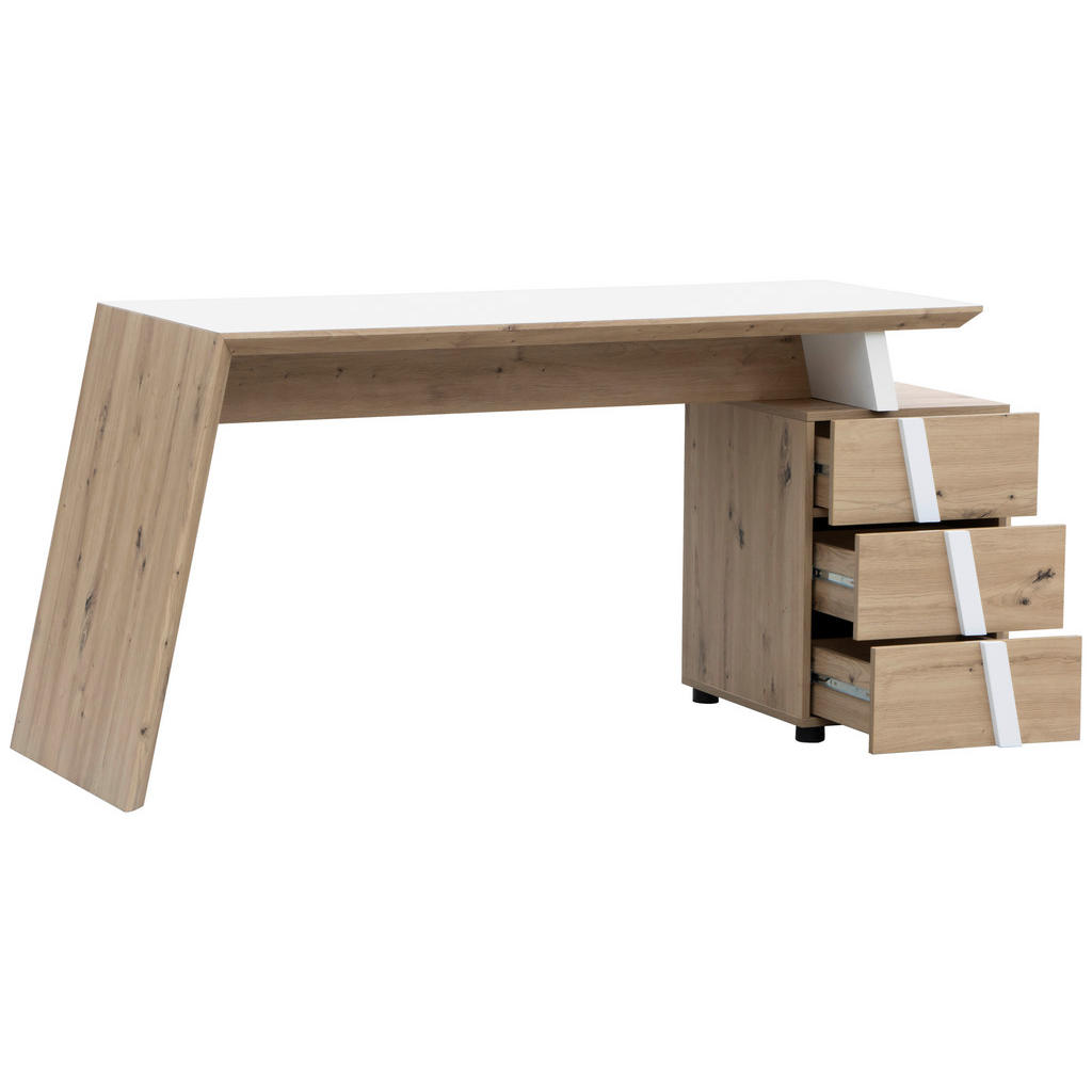 Thumbnail - Cantus Schreibtisch, Weiß, Eiche Artisan, Holzwerkstoff, 3 Schubladen, rechteckig, rund, 60x75x166 cm, Stauraum, Arbeits...
