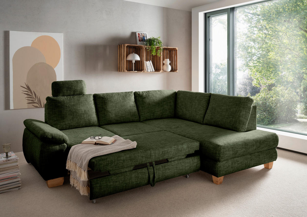 ECKSCHLAFSOFA in Struktur Dunkelgrün  - Wildeiche/Dunkelgrün, MODERN, Holz/Textil (265/206cm) - Livetastic
