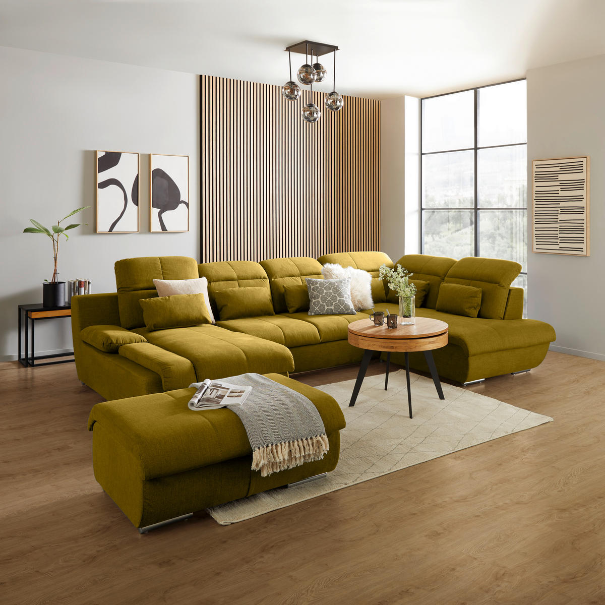 WOHNLANDSCHAFT Senfgelb Mikrofaser  - Chromfarben/Senfgelb, MODERN, Textil/Metall (184/345/228cm) - MID.YOU