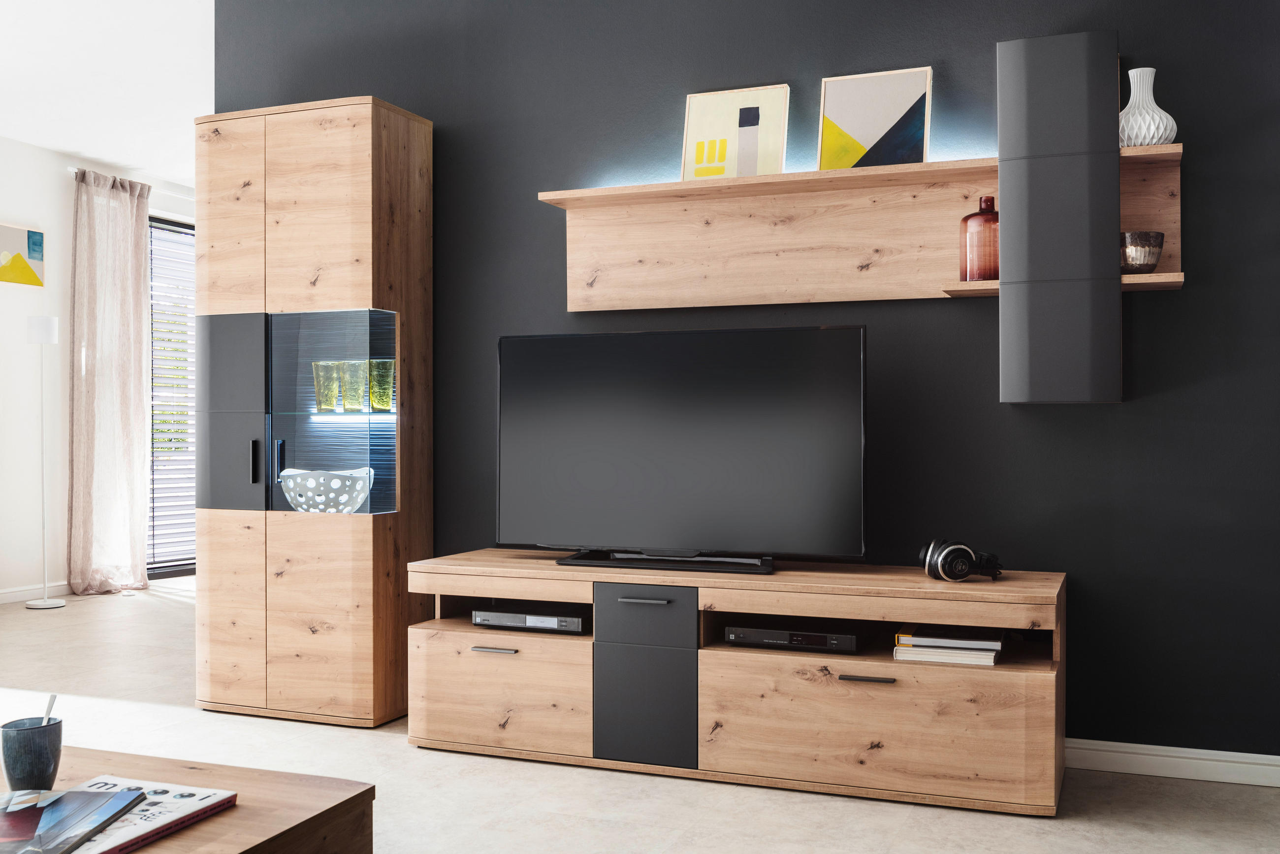 OBÝVACÍ STĚNA, antracitová, čiré, barvy dubu - barvy dubu/černá, Design, kov/kompozitní dřevo (290/198/50cm) - Livetastic