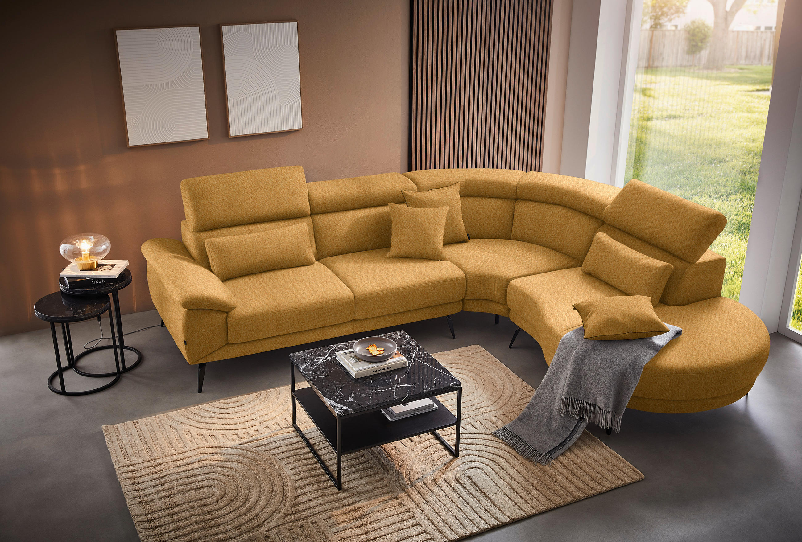 ECKSOFA in Velours Currygelb  299/264 cm  - Currygelb/Schwarz, Design, Textil/Metall (299/264cm) - Novel