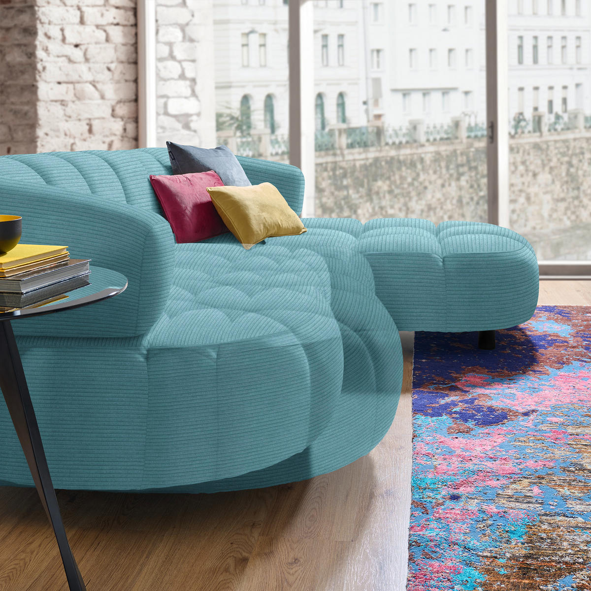 ECKSOFA in Cord, Velours Hellblau  - Schwarz/Hellblau, Design, Holz/Textil (284/183cm) - Welnova