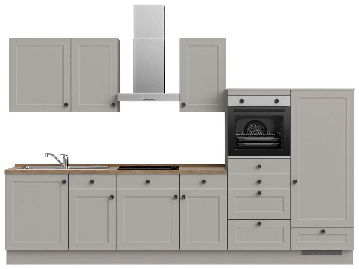 KÜCHENBLOCK 330 cm   in Grau, Eiche dunkel  - Eiche dunkel/Schwarz, MODERN, Holzwerkstoff/Metall (330cm) - Nobilia