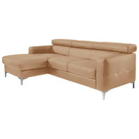 ECKSOFA Cappuccino Echtleder Rücken echt, Kopfteilverstellung, Kopfstütze  - Chromfarben/Cappuccino, Design, Leder/Metall (169/226cm) - Livetastic