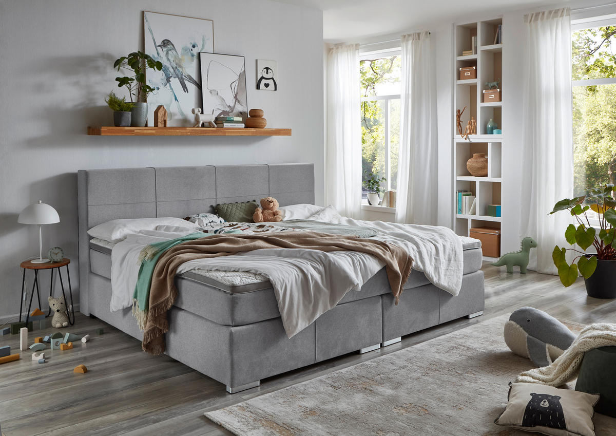 FAMILIENBOXSPRINGBETT 240/200 cm  in Hellgrau  - Chromfarben/Hellgrau, KONVENTIONELL, Holz/Kunststoff (240/200cm) - Boxxx