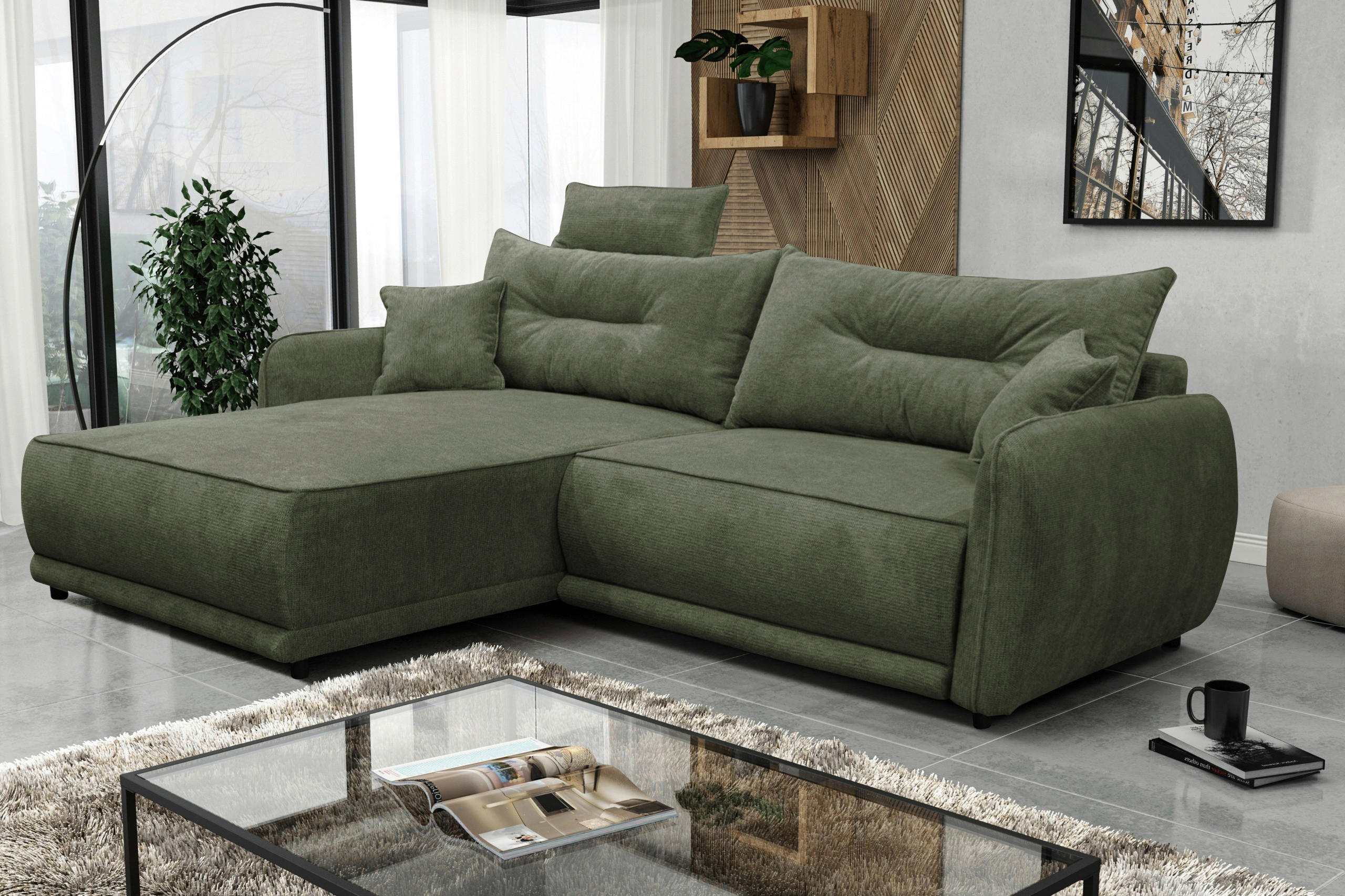ECKSOFA 195/264 cm FRESH in Struktur Grün Zierkissen, Rückenkissen, Bettkasten, Kopfstütze  195/264 cm  - Schwarz/Grün, Design, Kunststoff/Textil (195/264cm) - MID.YOU