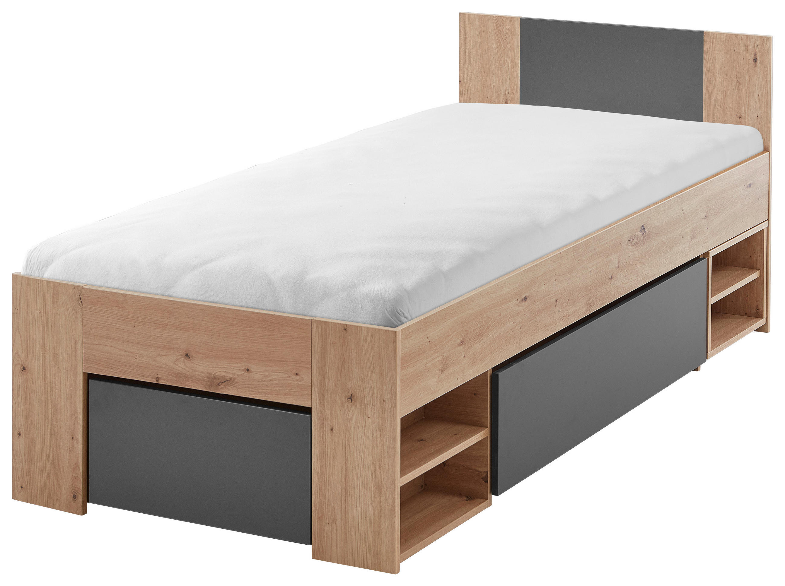 Stauraumbett mit Bettladen 90x 200cm Azurro Anthrazit/Eiche