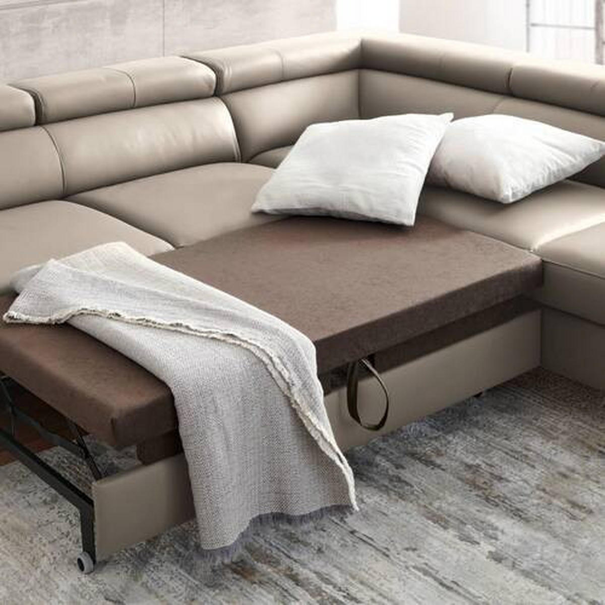 ECKSOFA Greige Kombination Echtleder/Lederlook Lederlook  - Greige/Schwarz, Design, Leder/Textil (256/220cm) - Celina Home