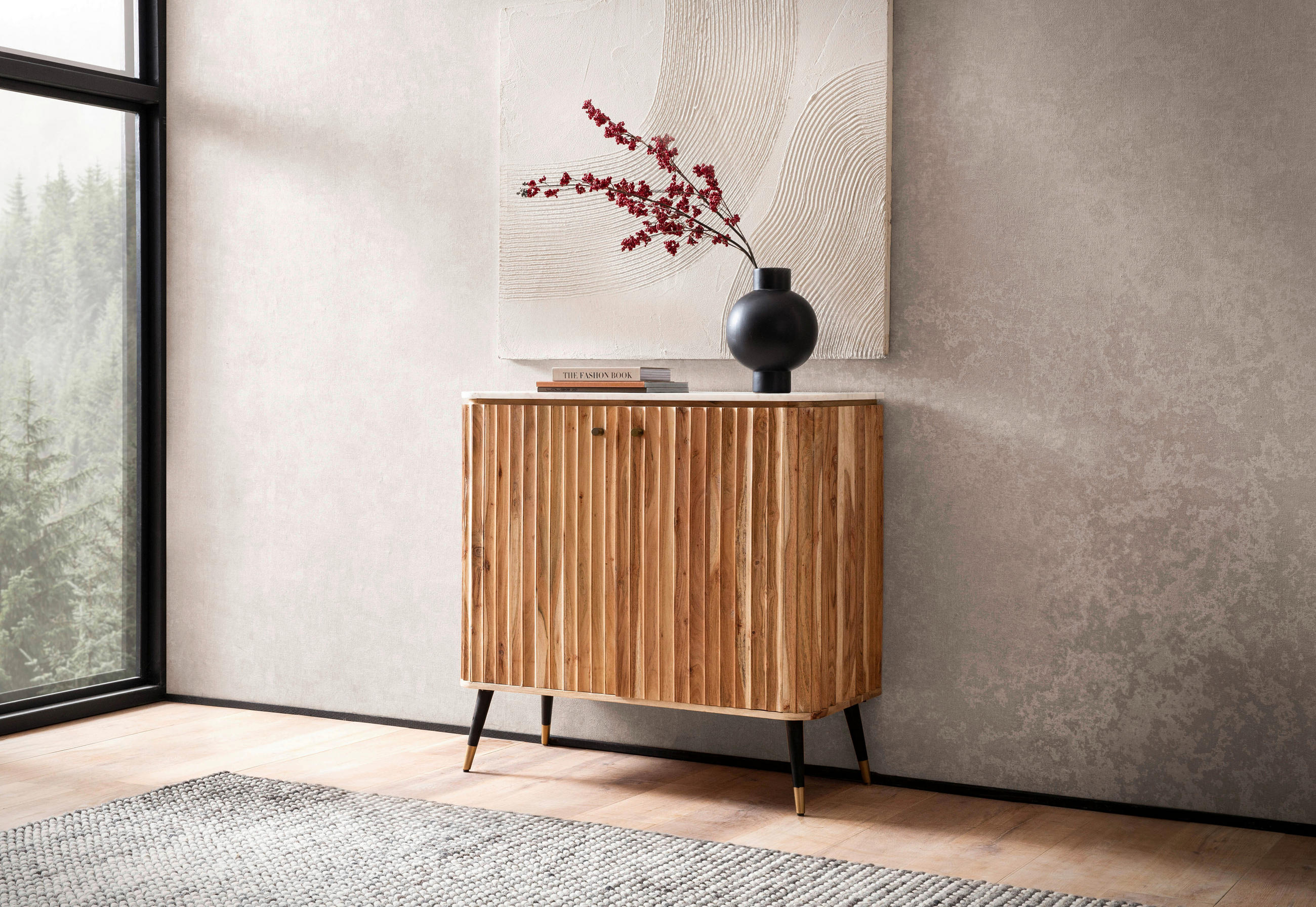 BARSCHRANK Akazie massiv Akaziefarben  - Goldfarben/Schwarz, Design, Holz/Stein (95/90/41cm) - MID.YOU
