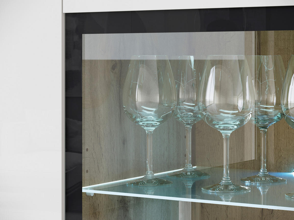 HIGHBOARD Vera, 120/103,3/39,5 cm,  - Weiß Hochglanz/Eiche Wotan, Trend, Glas/Holzwerkstoff (120/103,3/39,5cm) - P & B
