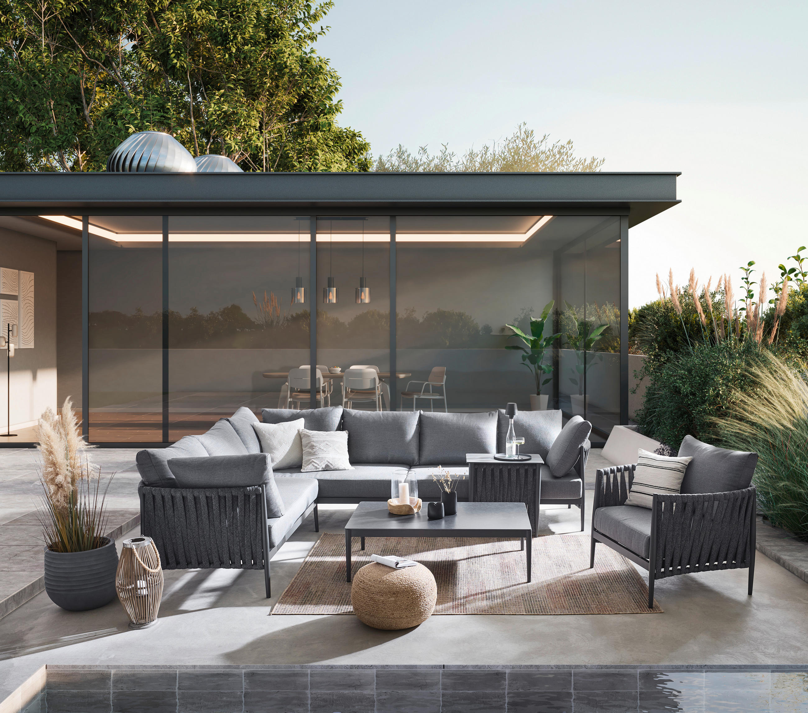 LOUNGE GARNITURA antracit, tamno siva - tamno siva/bež, Design, metal/tekstil (229/296cm) - Amatio