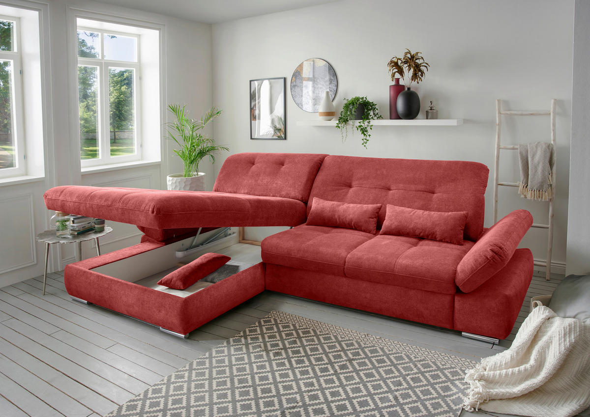 ECKSOFA Dalida Rot Chenille  - Chromfarben/Rot, Design, Textil/Metall (196/300cm) - Livetastic