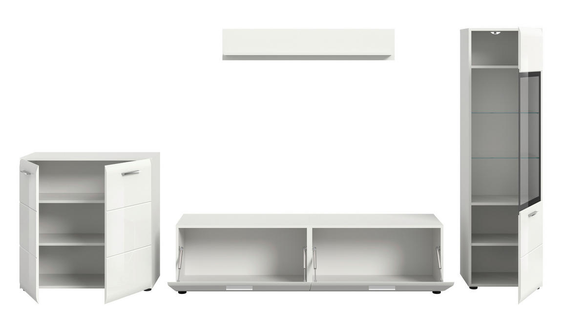 REGAL ZA DNEVNI BORAVAK bijela, bijela visoki sjaj   - bijela/srebrne boje, Design, staklo/drvni materijal (305/160/41cm) - Livetastic