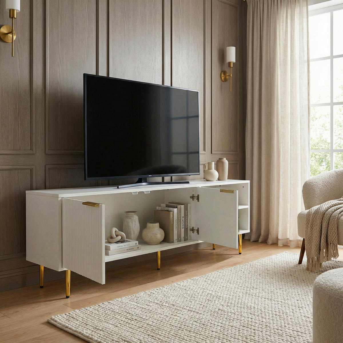 TV-BÄNK  150/39/51 cm  stående  - vit/guldfärgad, Design, metall/trämaterial (150/39/51cm) - Livetastic
