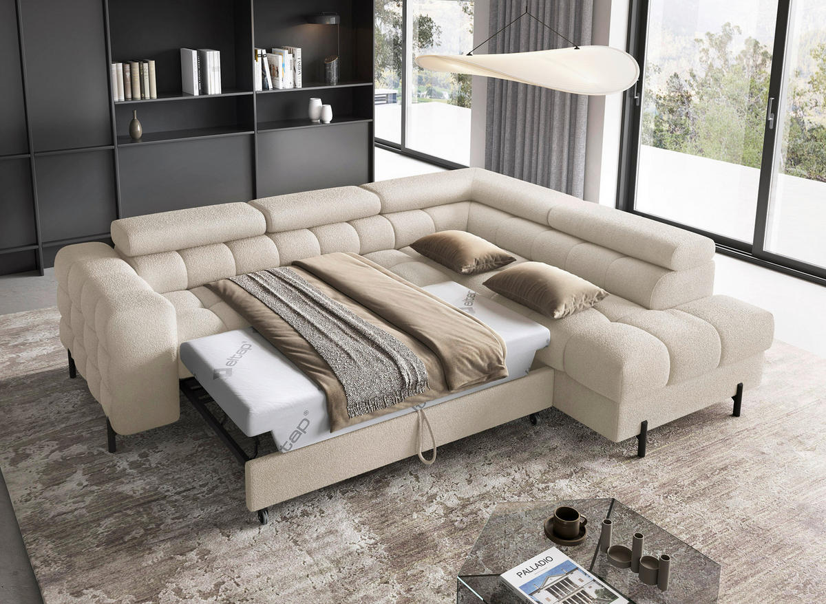 ECKSOFA FERUCCE Creme Teddystoff Bettkasten, Kopfteilverstellung  - Creme/Schwarz, Design, Textil/Metall (276/200cm) - MID.YOU