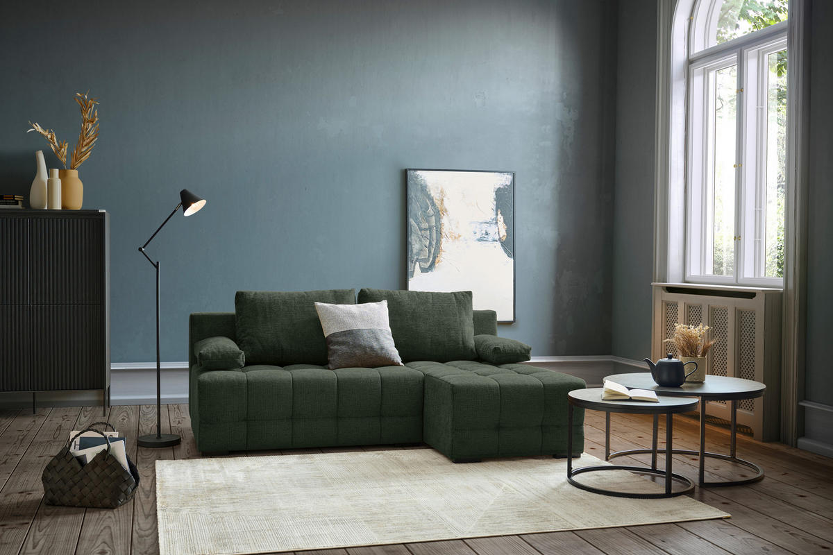 ECKSOFA in Chenille Dunkelgrün  - Dunkelgrün/Schwarz, MODERN, Kunststoff/Textil (204/145cm) - home24