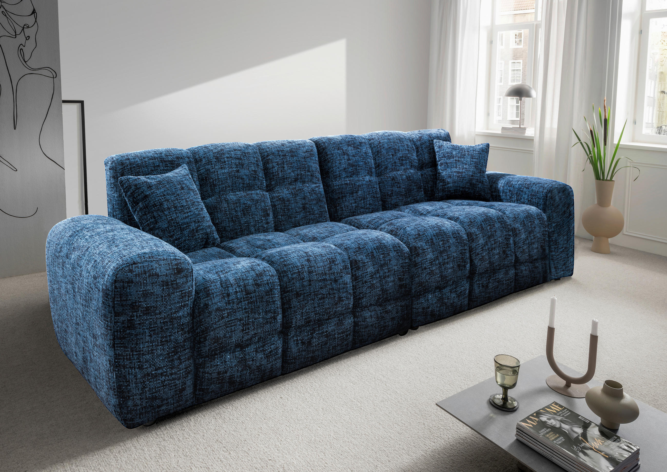 VIERSITZER-SOFA in Struktur Blau  - Blau/Schwarz, MODERN, Kunststoff/Textil (300/87/120cm) - Livetastic