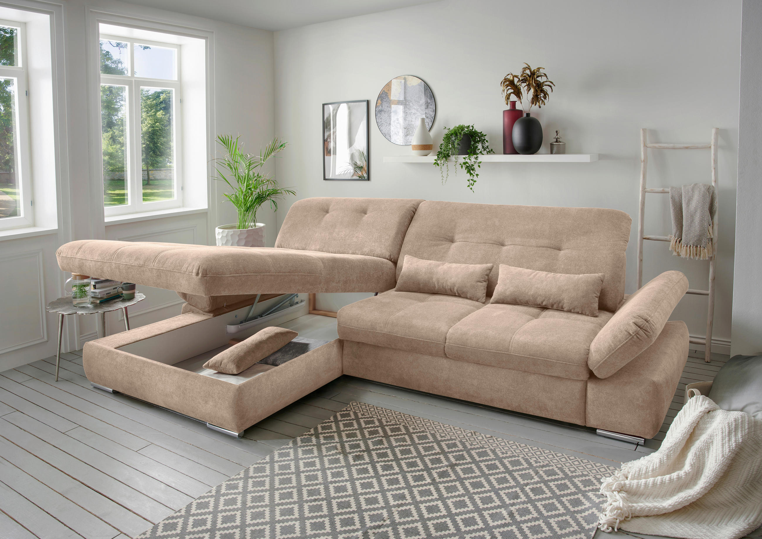 ECKSOFA Dalida Hellbraun Chenille  - Chromfarben/Hellbraun, Design, Textil/Metall (196/300cm) - Livetastic