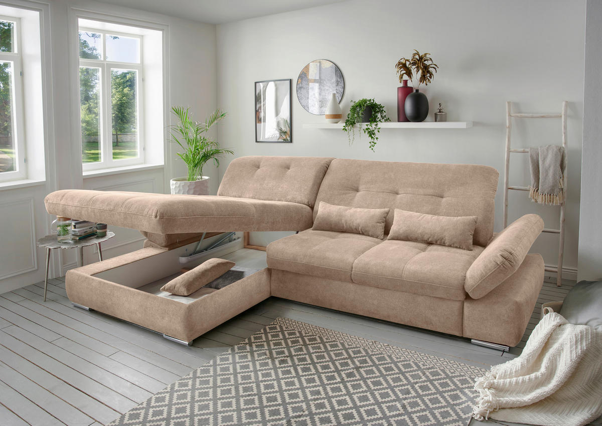 ECKSOFA in Chenille Hellbraun  - Chromfarben/Hellbraun, Design, Textil/Metall (196/300cm) - Livetastic