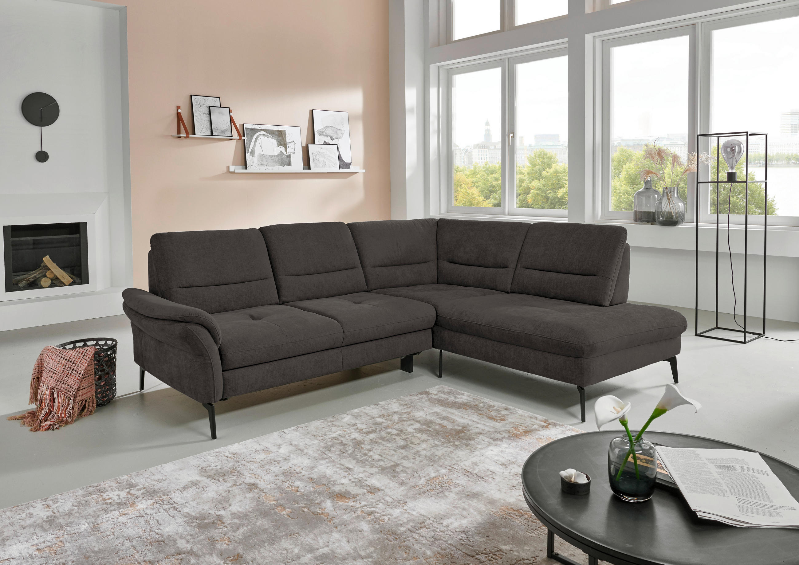 ECKSOFA in Webstoff Dunkelbraun  - Dunkelbraun/Schwarz, Design, Textil/Metall (256/206cm) - Beldomo System