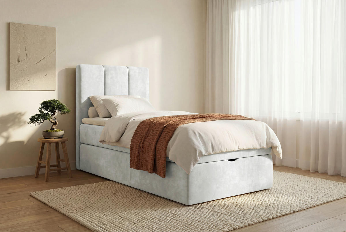 BOXBETT 70/200 cm,  in Creme, Matratze, gepolstertes Kopfteil, Bettkasten, Topper, H3 = fest  - Creme/Schwarz, Design, Holzwerkstoff/Kunststoff (70/200cm) - Esposa