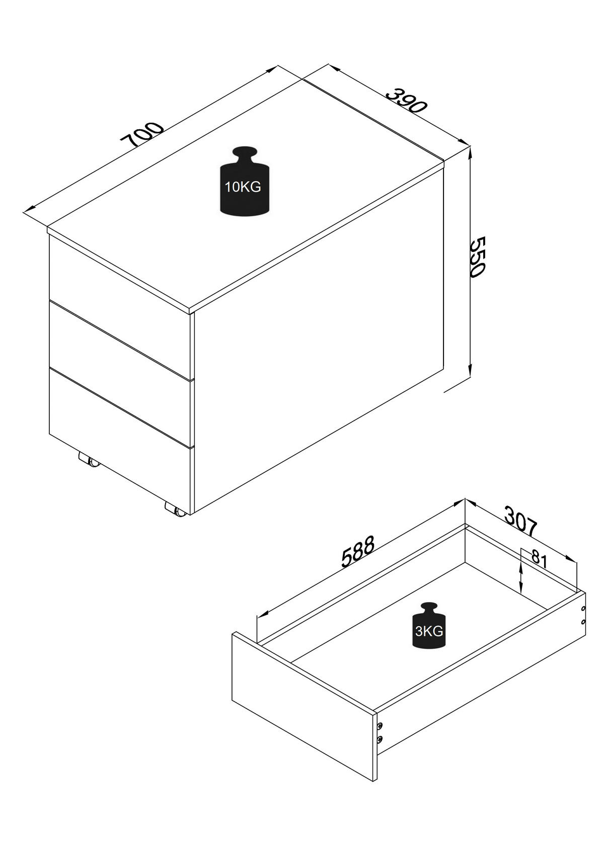 ROLLCONTAINER Weiß  - Weiß, MODERN, Holzwerkstoff (39/55/70cm) - MID.YOU
