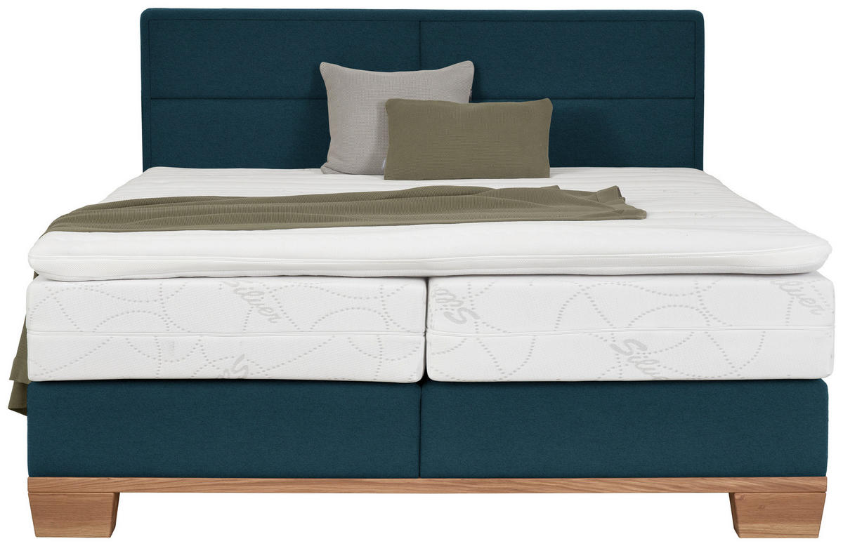BOXSPRINGBETT 180/200 cm,  in Eichefarben, Blau, Matratze, Topper, H3 = fest  - Blau/Eichefarben, Natur, Holz/Textil (180/200cm) - Valnatura