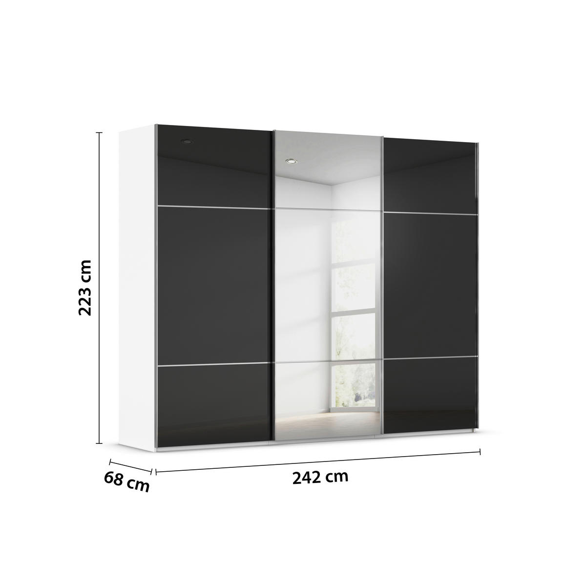 SCHWEBETÜRENSCHRANK 242/223/68 cm 3-türig Schwarz, Weiß  - Chromfarben/Schwarz, KONVENTIONELL, Glas/Holzwerkstoff (242/223/68cm) - Novel