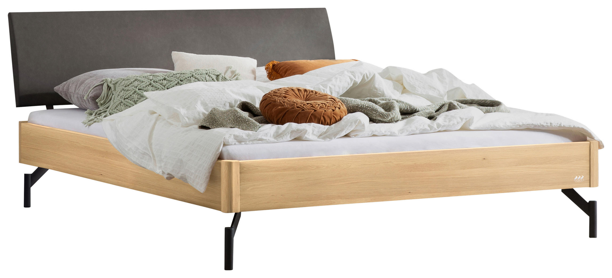 BETT 180/200 cm,  in Anthrazit, Grau, Eichefarben, gepolstertes Kopfteil,  - Eichefarben/Anthrazit, Design, Holz/Metall (180/200cm) - Hasena