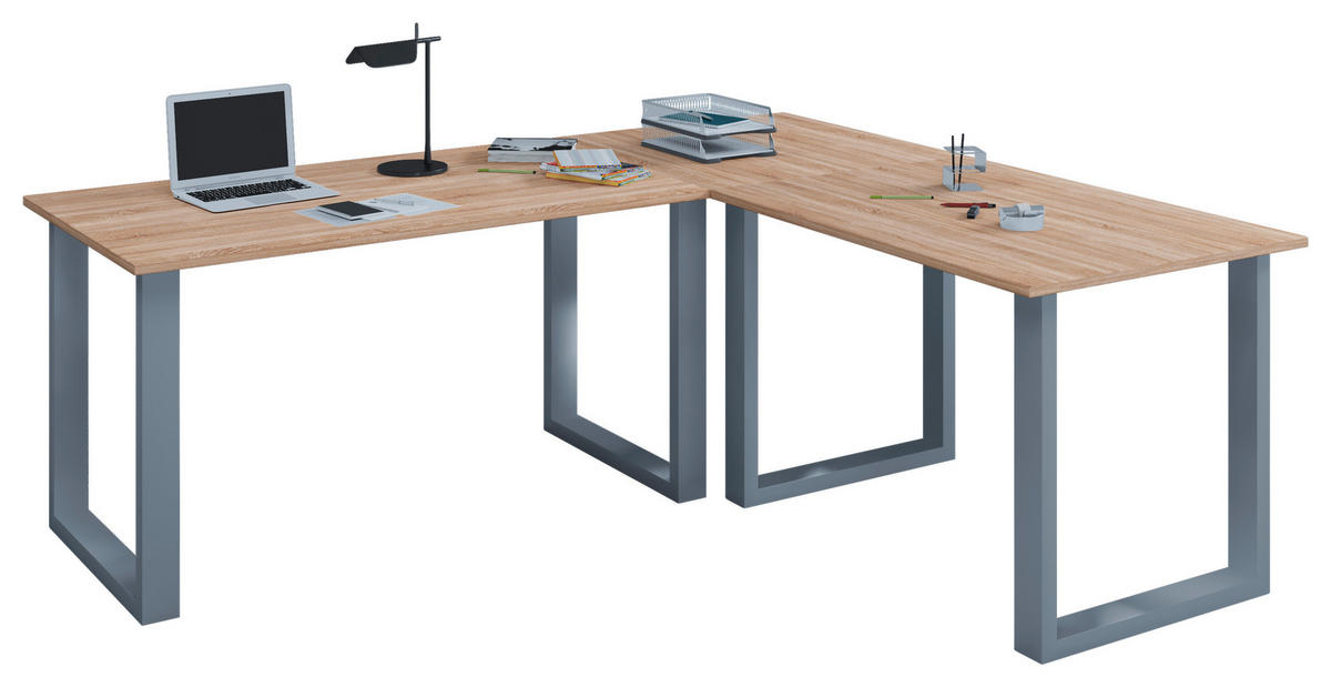 HÖRNSKRIVBORD 220/160/76 cm  in silver, Sonoma ek  - Sonoma ek/silver, Modern, metall/trämaterial (220/160/76cm) - MID.YOU