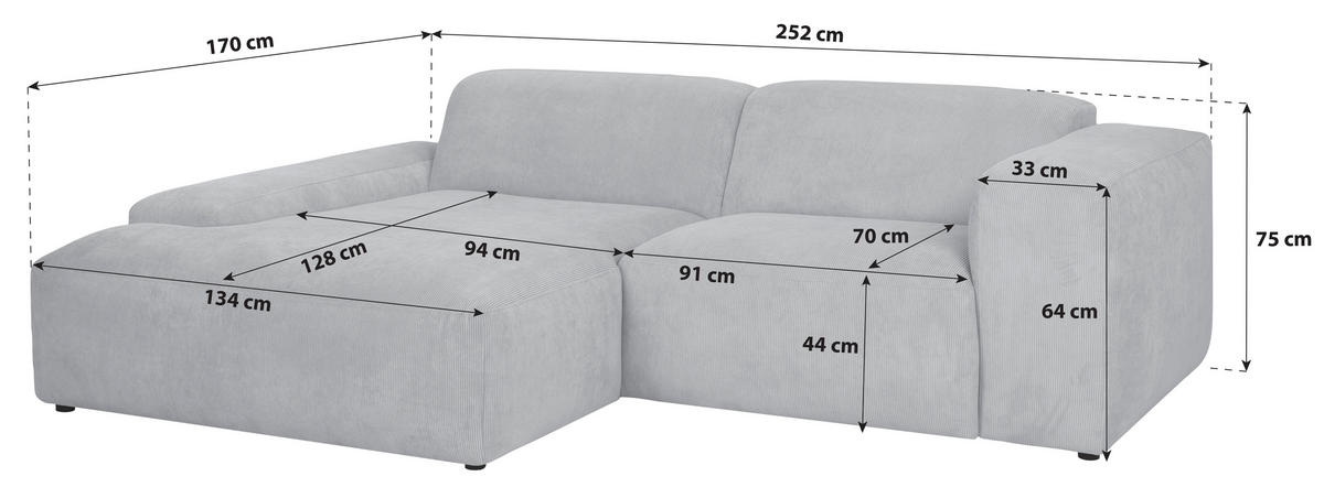 ECKSOFA HANNAH Grün Cord  - Schwarz/Grün, Design, Kunststoff/Textil (170/252cm) - MID.YOU