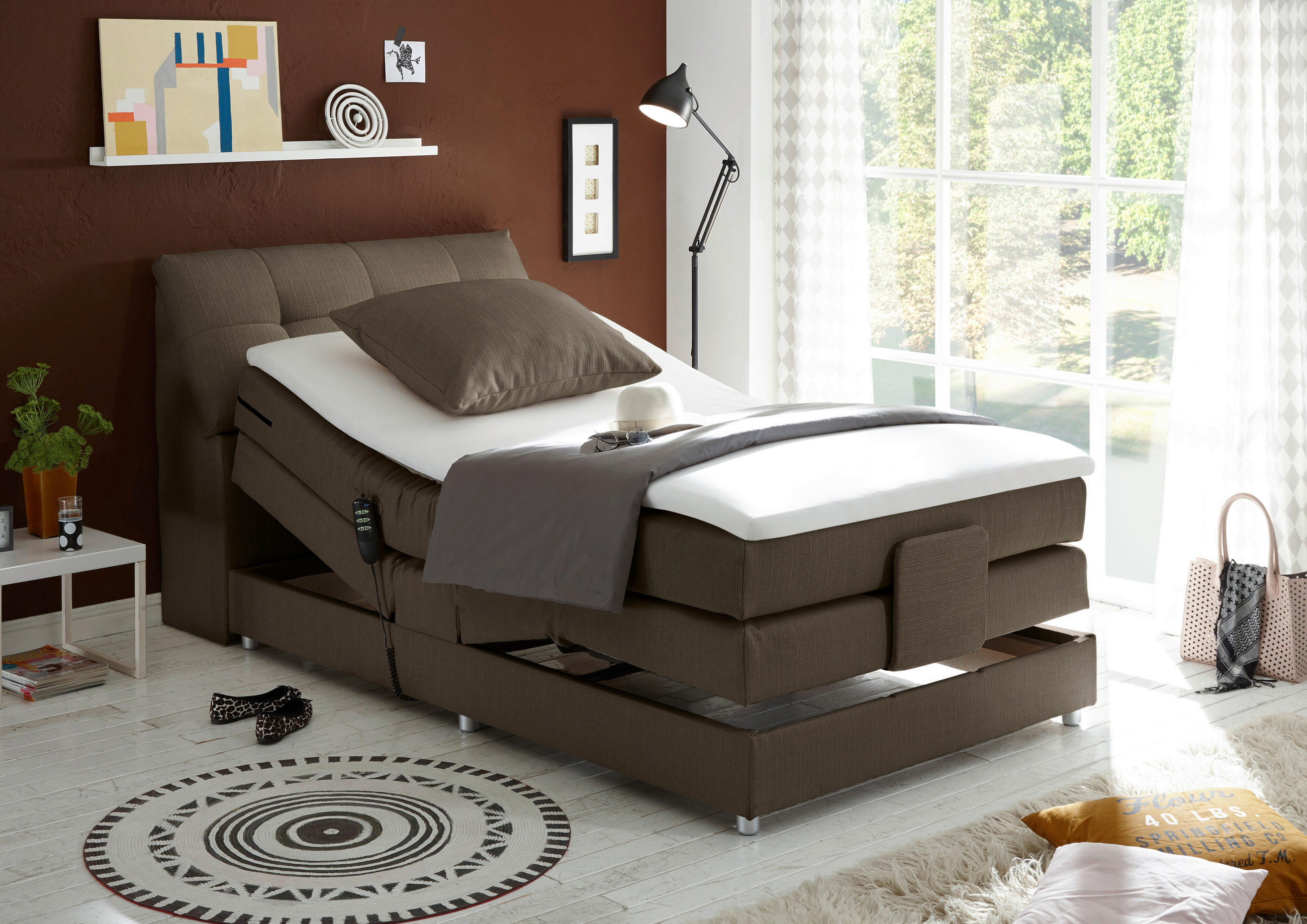 Thumbnail - Esposa Boxspringbett, Dunkelbraun, Textil, H2, 7-Zonen, 120x200 cm, Stoffauswahl, Topper durchgehend, Schlafzimmer, Bett...