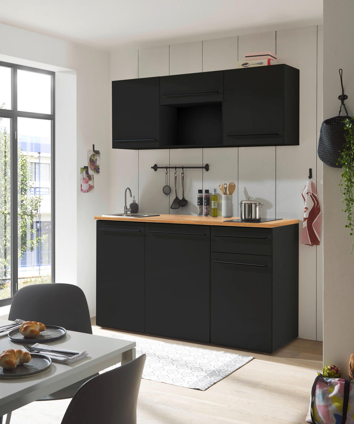 BLOK KUHINJA S APARATIMA  crna, boje hrasta  - boje hrasta/crna, Trend, drvni materijal/plastika (160cm) - MID.YOU