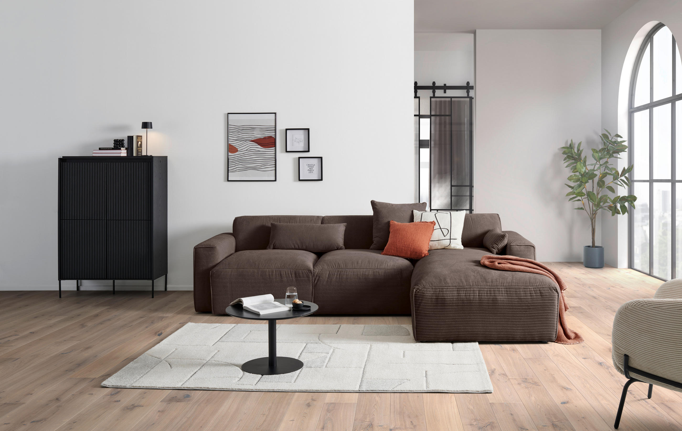 ECKSOFA in Cord Mokka  - Schwarz/Mokka, Design, Kunststoff/Textil (303/196cm) - Livetastic