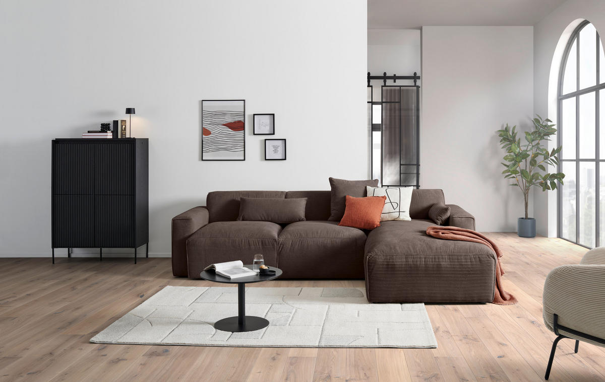 ECKSOFA in Cord Mokka  - Schwarz/Mokka, Design, Kunststoff/Textil (303/196cm) - Livetastic