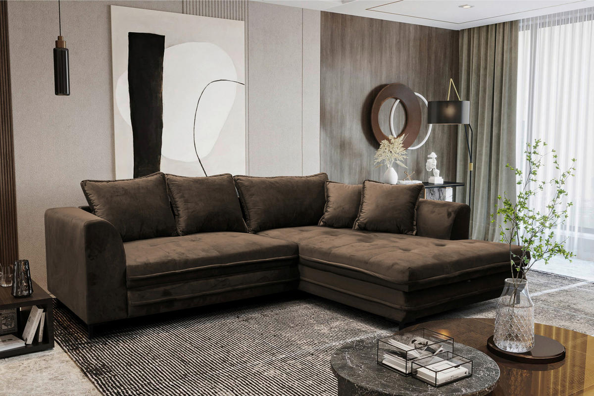 ECKSCHLAFSOFA Velours Braun  - Schwarz/Braun, Design, Textil/Metall (277/187cm) - Livetastic
