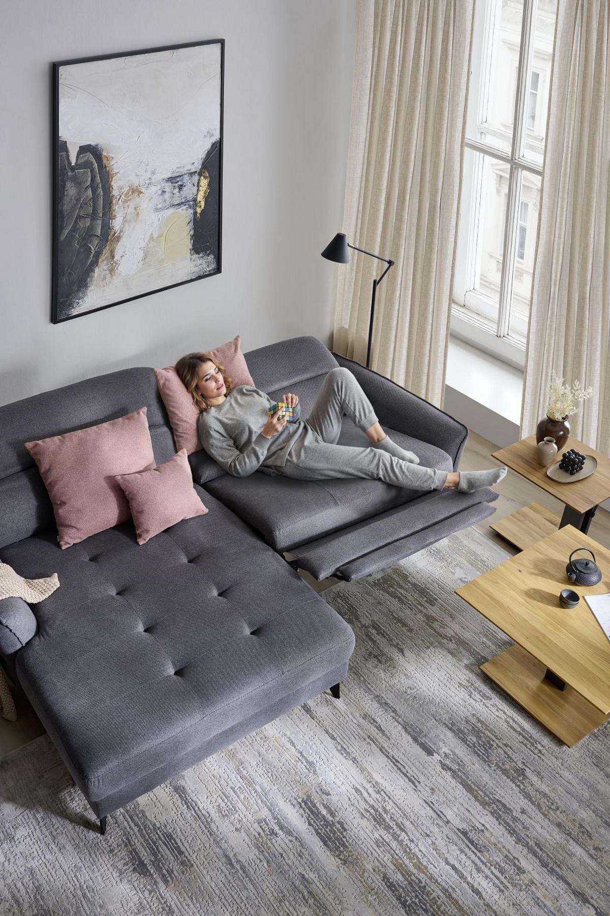 Ecksofa inkl. Funktionen MANTA Anthrazit Flachgewebe  - Anthrazit/Schwarz, Design, Textil/Metall (175/246cm) - Celina