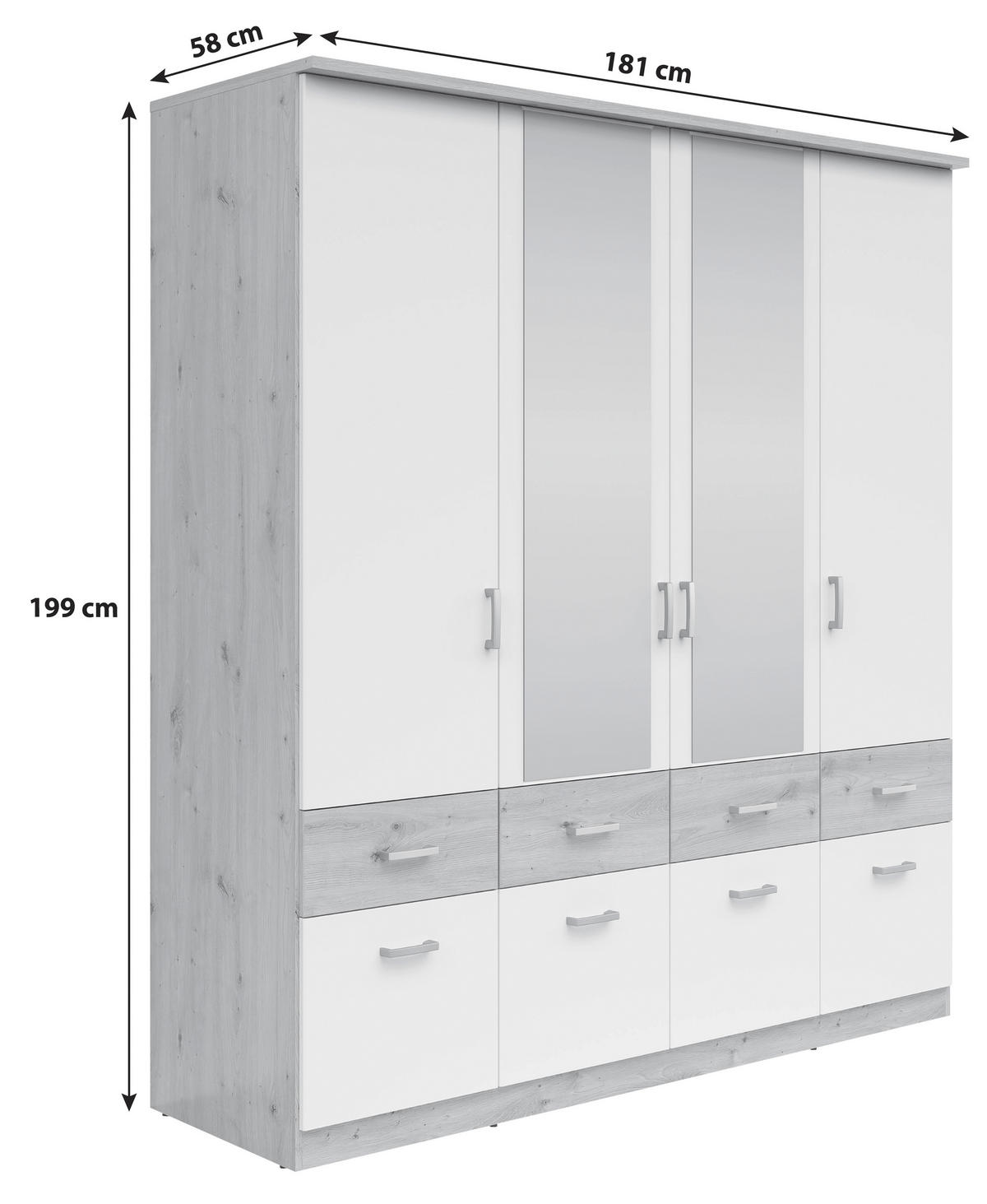 KLEIDERSCHRANK 181/199/58 cm 4-türig Silberfarben, Weiß, Eiche Artisan  - Silberfarben/Weiß, KONVENTIONELL, Holzwerkstoff/Kunststoff (181/199/58cm)