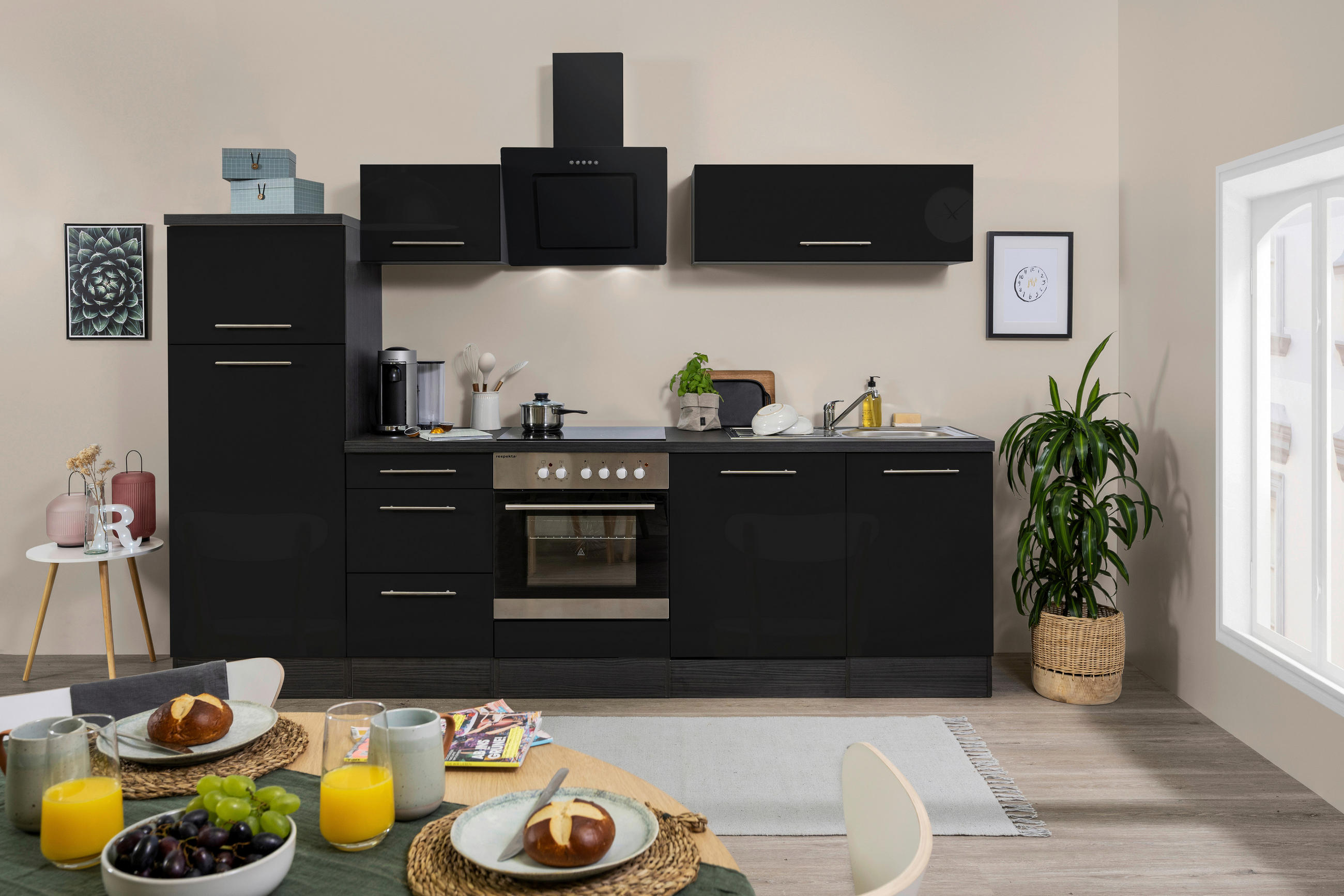 KÜCHENBLOCK 280 cm in Grau, Schwarz - Alufarben/Schwarz, KONVENTIONELL, Holzwerkstoff/Metall (280cm) - Respekta