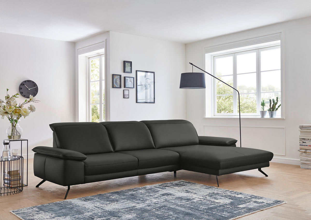 ECKSOFA in Echtleder Graubraun  - Graubraun/Schwarz, Design, Leder/Metall (328/193cm) - Dieter Knoll