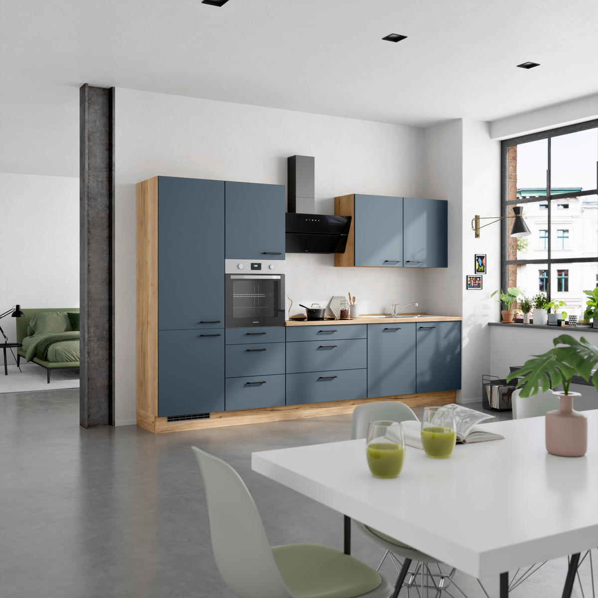 KÜCHENBLOCK Easytouch 330 cm  in Eichefarben, Dunkelblau  - Eichefarben/Schwarz, MODERN, Holzwerkstoff/Metall (330cm) - Nobilia