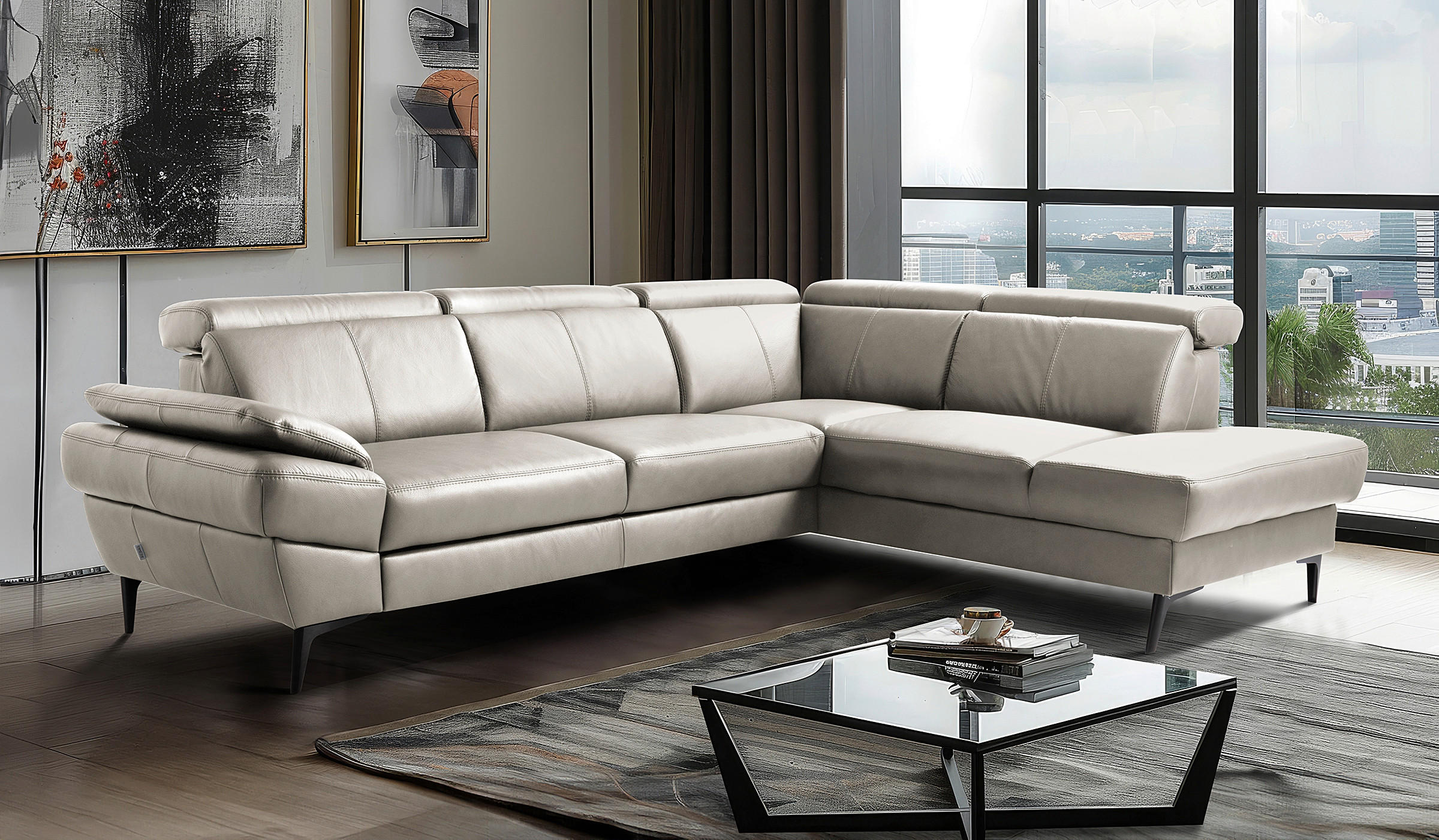 ECKSOFA  in Lederlook Echtleder Pinienfarben  - Schwarz/Pinienfarben, Design, Leder/Textil (264/211cm) - Livetastic