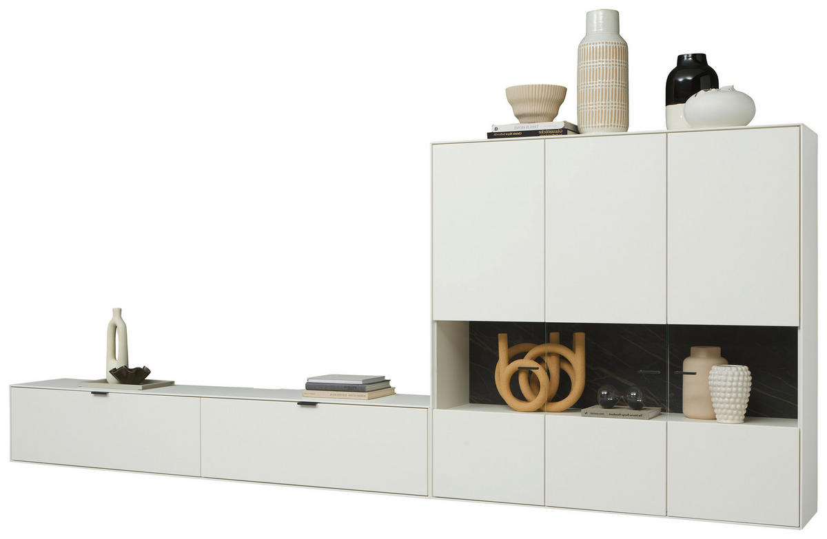 WOHNWAND  in Weiss 348,8/171,9/37,1 cm  - Weiss/Schwarz, Design, Glas/Keramik (348,8/171,9/37,1cm) - Dieter Knoll