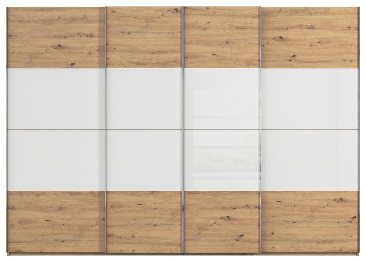 SCHWEBETÜRENSCHRANK 316/235/68 cm 4-türig Weiß, Eiche Artisan  - Chromfarben/Weiß, KONVENTIONELL, Glas/Holzwerkstoff (316/235/68cm) - Novel