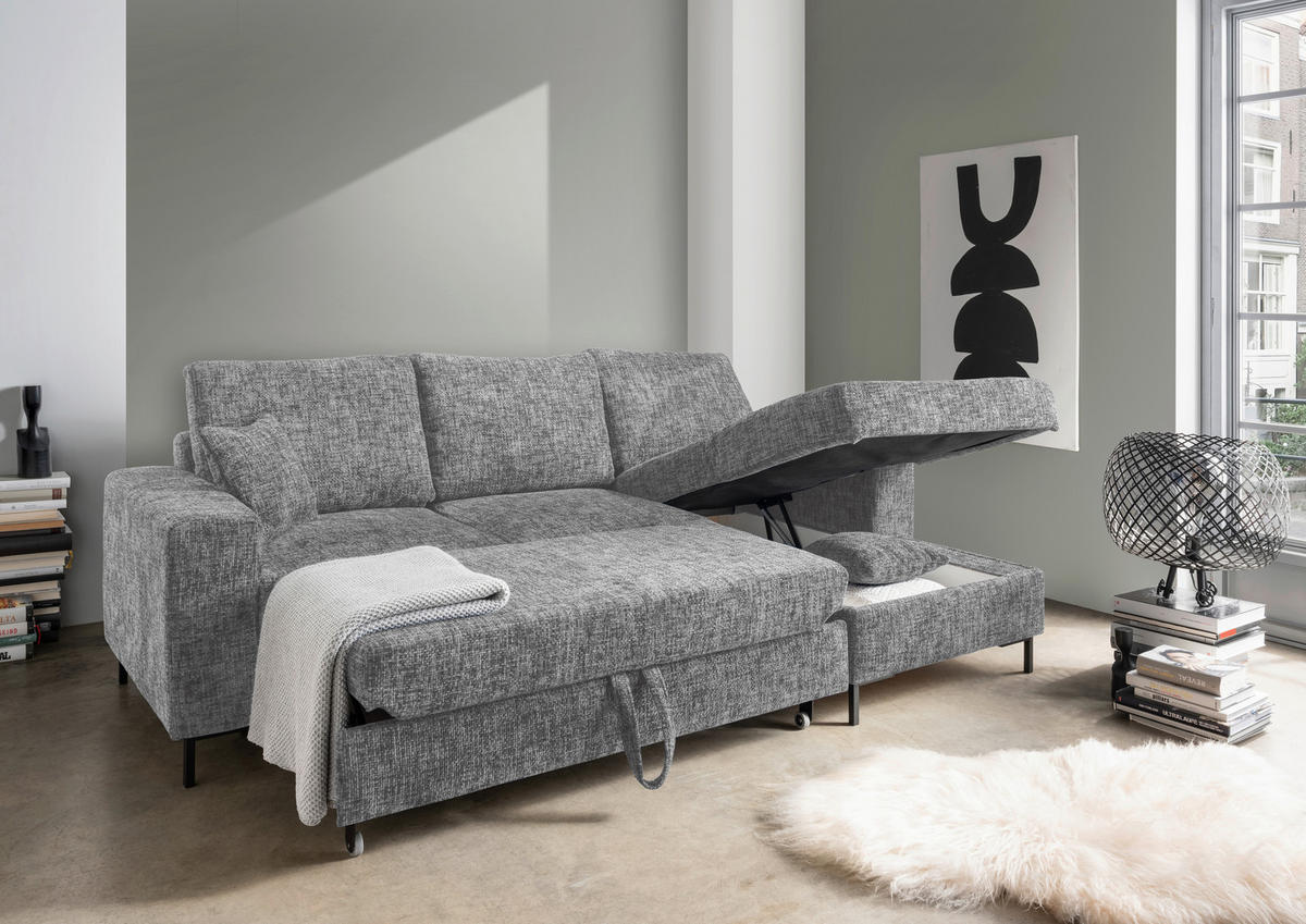 ECKSCHLAFSOFA  mit Rücken echt Struktur Silberfarben  - Silberfarben/Schwarz, KONVENTIONELL, Textil/Metall (237/143cm) - Livetastic